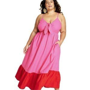 Tabitha Brown x Target Sleeveless Tie Front Midi Maxi Linen Dress Pink Red Sz 3x